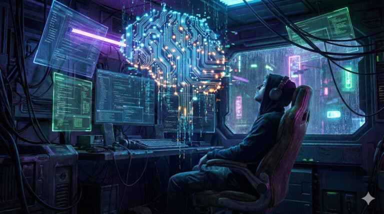 מתכנת יושב בחדר חשוך עתידני, מביט במספר מסכים צפים עם קוד זוהר.